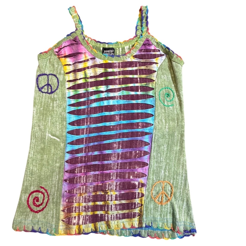 Shop Therapy Nepal Cotton Tie‎ Dye Peace Sign Slashed Boho Tank Top Green M/L